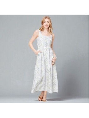 Spartina 449 White Blue Floral Striped 100% Linen Maxi Dress Size L Cottagecore